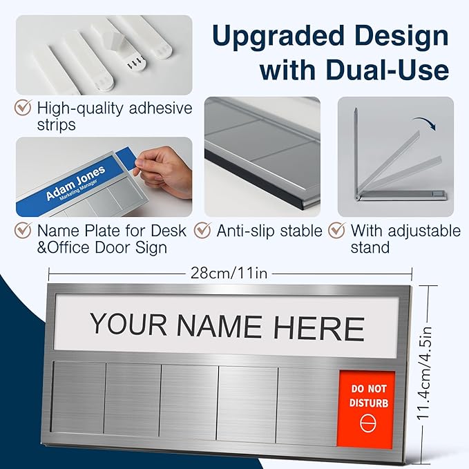 Name Plate for Desk& Office Door Sign, 6 Options Do Not Disturb, In A Meeting, Out of Office, Working Remotely, Please Knock, Stick or Stand with Desk Name Plate, Silver
