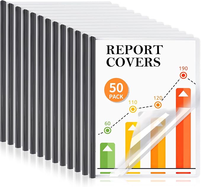 50 Pack Report Covers with Sliding Bar, Clear Report Covers for A4 and Letter Size Paper, Presentation Folders Resume Document Covers for School Office, Black