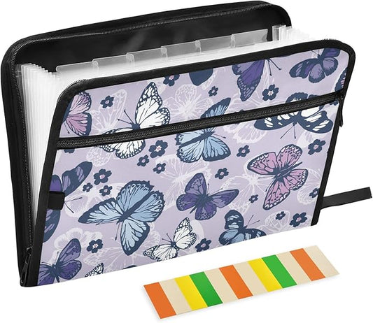 Expanding File Folder,13 Pocket Accordion File Folders with Sticky Labels, A4 Letter Size Paper Document Organizer with Zipper Closure for Office School Boys Girls,Butterfly and Flower