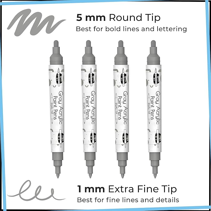 4 Dual Tip Gray Paint Pen Metallic - Fine Tip & Medium Acrylic Paint Markers - Gray Marker for Metal, Wood, Rock Painting, Canvas, Ceramic, Glass, Fabric, Leaf and Plastic - Water-based Ink