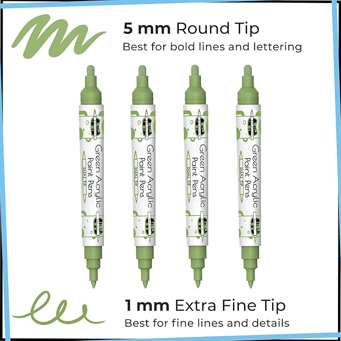 4 Dual Tip Green Paint Pen Metallic - Fine Tip & Medium Acrylic Paint Markers - Green Marker for Metal, Wood, Rock Painting, Canvas, Ceramic, Glass, Fabric, Leaf and Plastic - Water-based Ink