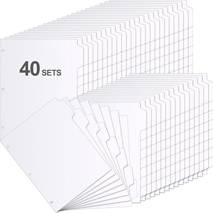 Fulmoon 320 Pieces 3 Ring Binder Dividers with Tabs 40 Sets 8 Tab Dividers for 3 Ring Binders Letter Size 3 Hole(White)