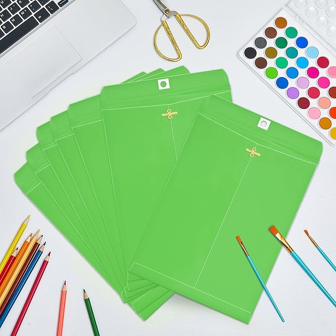 Geyee 100 Pcs Clasp Manilla Envelopes 9 x 12 Inch Gummed Colored Envelopes for Storing or Mailing for Home Office Business Supplies(Green)