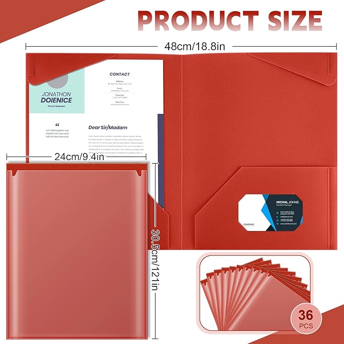 Henoyso 36 Pcs Plastic Folders with Clear Front Pockets Heavy Duty File Folders with 2 Pockets and Card Slot for Student Communication School Office Presentation Report (Red)