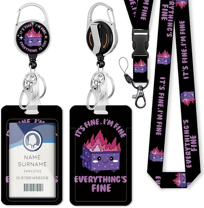 Gctriki Dumpster on Fire Lanyards for ID Badges and Keys, Funny Badge Reel Retractable Heavy Duty with Carabiner Clip, I'm Fine ID Badge Holder with Breakaway Lanyard, Teacher Nurse Office Gifts