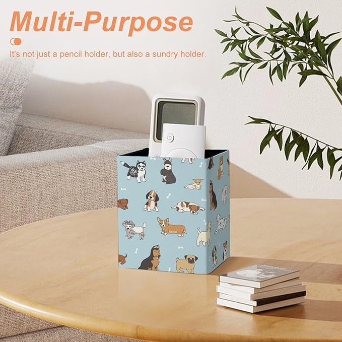 Square Pen Holder & Pencil Organizer for Desk - Office Storage Organizer, Markers/Makeup Brushes/Scissors Holder, Compact Desk Decor Accessories for Home Classroom School(Doodle puppy dog)