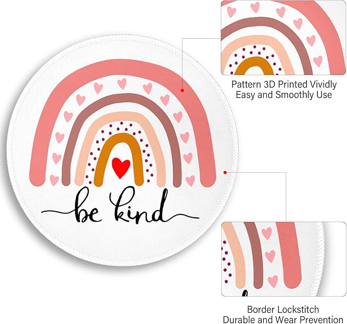 Rainbow Be Kind Round Mouse Pad, Small Mouse Pad with Non-Slip Rubber Base, Stitched Edge Mousepad for Desk Wireless Mouse, Gaming Mouse Mat for Computer Laptop Office Home Women, 8.6 x 8.6 Inch