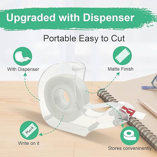 Tape, Invisible Tape, 6 Rolls + 6 Refillable Dispensers, Matte Finish, Writable, 1/2 in x 1000 in, Transparent Tape, Clear Tape for Gift Wrapping Paper, Christmas