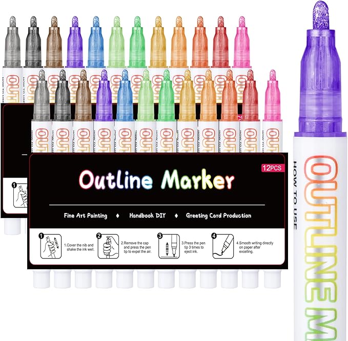 Double Line Outline Markers,2Pack X12 Colors Glitter Markers，Metallic Sparkle Pen for Drawing，Tween Teen Girl Gifts Trendy Stuff 4-16 Year Old,Art Supplies for Kids 9-12