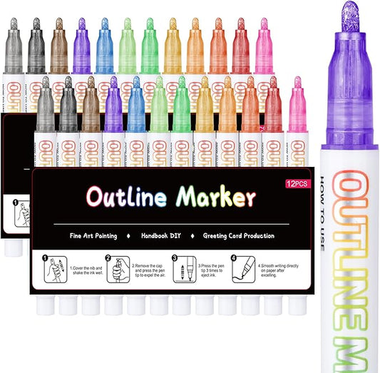 Double Line Outline Markers,2Pack X12 Colors Glitter Markers，Metallic Sparkle Pen for Drawing，Tween Teen Girl Gifts Trendy Stuff 4-16 Year Old,Art Supplies for Kids 9-12
