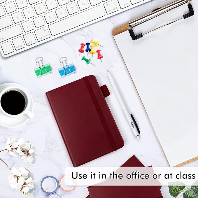 feela 6 Pack Pocket Mini Notebooks Bulk, Small Cute Memo Notepads Hardcover College Ruled Lined Journals with Pen Holder for School Business Work, with 6 Black Pens, 3.5”x 5.5”, A6, Wine