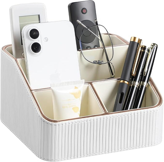 Remote Control Holder with 4 Compartments, PU Leather Small Nightstand Organizer for Home Desk Accessories Office Supplies, Multifunctional Stylish Small Bedside Desktop Organizers (White)