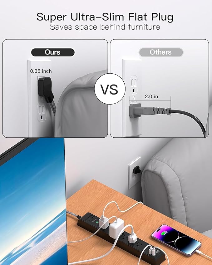 Flat Plug Extension Cord 25FT, Surge Protector Power Strip with 2 USB A Ports 2 USB-C 6 AC Outlets, USB Charging Station, Wall Mountable for Home, Office, Dorm Essentials, 1080J, ETL Listed, Black