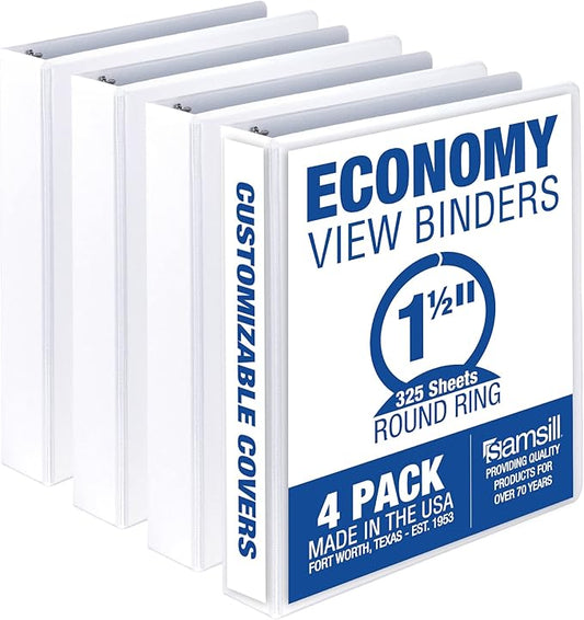 Samsill 1.5 Inch 3 Ring Binders, Made in USA, Economy Round Ring, Clear View Cover, 325 Sheet Capacity - for School, Home, Office - White, 4 Pack