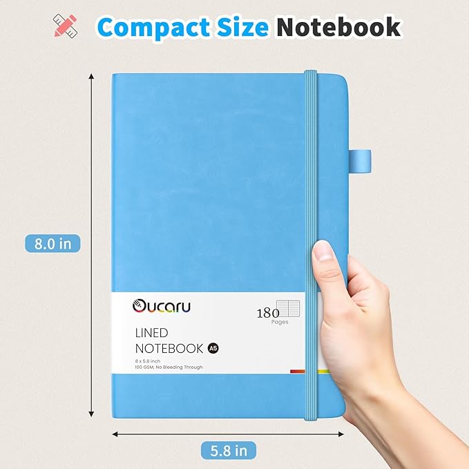 Oucaru Lined Journal Notebook, 2 Pack, 180 Pages, A5 Journals for Writing, 100 GSM Thick Paper, Small Notebooks Daily Journal for Women Men Work, Business, School, Travel Supplies