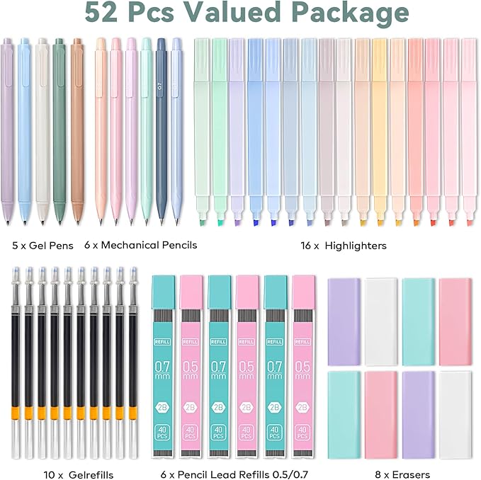 52 PCS Aesthetic School Supplies with Cute Pencil Case, Stationery Essentials with Pens Pencils and Pastel Highlighters Set,College Back to School Supplies for Teen Girls,Pastel Office Supplies-Blue