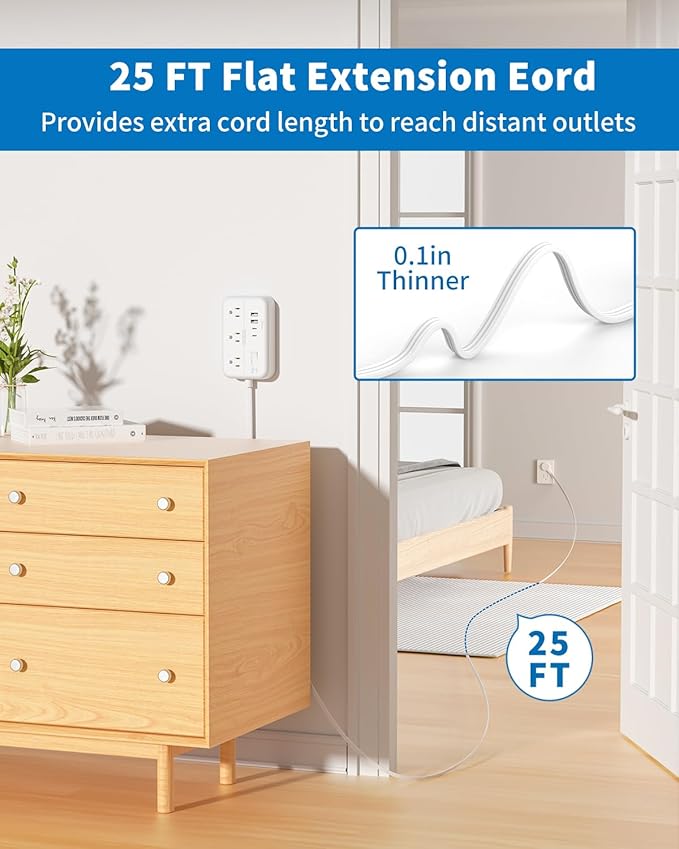 Flat Extension Cord 25 ft, NTONPOWER Surge Protector Power Strip with 6 Outlets 4 USB Ports(2 USB C),Flat Plug, Multiple Outlets, Mounted, Outlet Extender, Overload Protection for Indoor, Home, Office