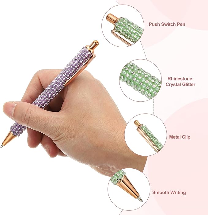 PATIKIL Rhinestone Metal Ballpoint Pen, 4 Pack Crystal Pearl Pens Black Ink 1.0mm Point Sparkly for Women Gift Office Note Taking Journaling, Green