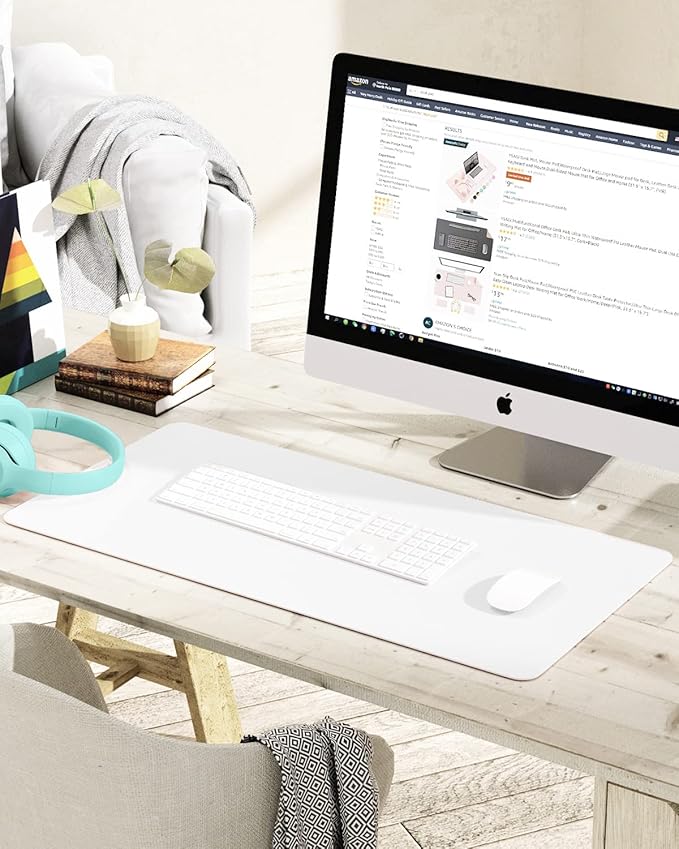 YSAGi Non-Slip Leather Desk Pad, Waterproof Laptop Computer Desk Keyboard Mat, Table Protector Blotter Mat, Large Mouse Pad for Office/Work/Home/Decor(White, 31.5" x 15.7")