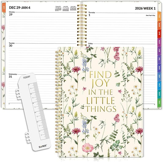SUNEE 2026 Weekly and Monthly Planner - from January 2026 - December 2026, 8.5"x11" Daily Agenda Planner with Monthly Tab, Flexible Cover, Note Pages, Pockets, Bookmark, Spiral Binding, Wildflowers