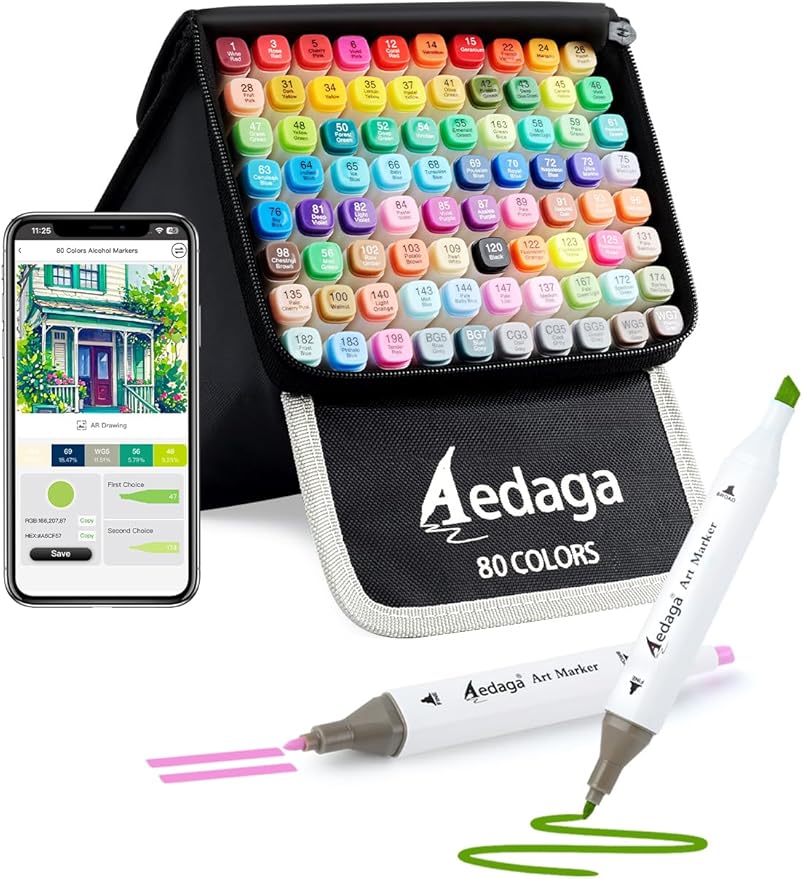 80 Colors Alcohol Markers with Free App, Dual Tip Art Marker with Kickstand Case for Artists Adults and Kids. Alcohol Based Markers for Coloring Painting Sketching and Drawing, Great Gift