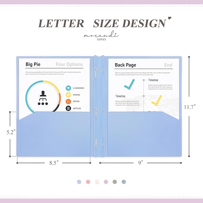 H4D Plastic 2 Pocket Folders with Prongs, Letter Size, Pastel Colors, 6 Pack