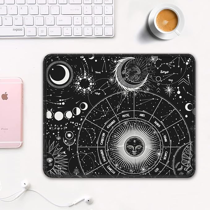 Auhoahsil Mouse Pad, 12 x 10 in Tarot Style Sun Moon Computer Mouse Pad for Desk, Premium-Textured Non-Slip Rubber Stitched Edges Waterproof Square Mouse Mat for Gaming Work Wireless Mice, Black