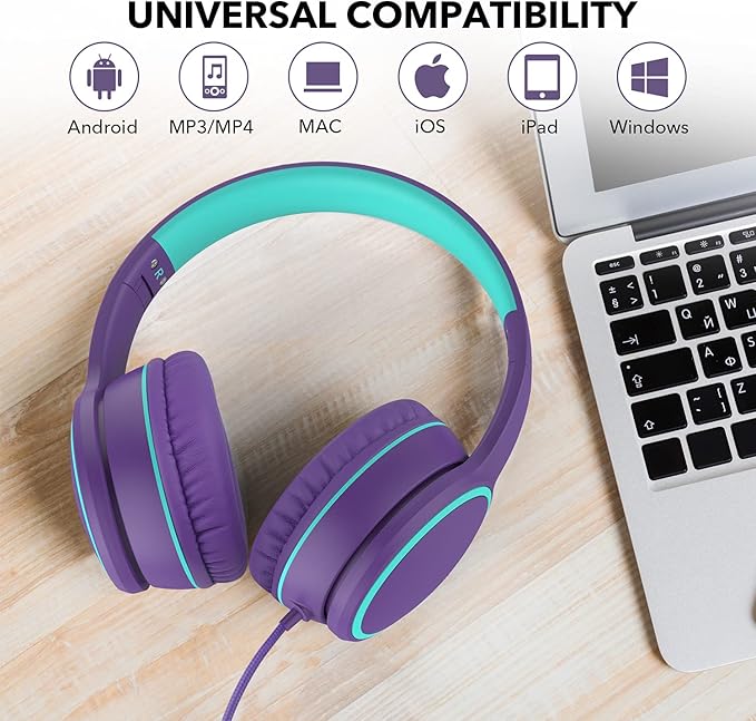 RORSOU R10 Over-Ear Headphones with Microphone, Lightweight Folding Stereo Bass Headset with 1.5M No-Tangle Cord, Portable Wired Headphones for Smartphone Tablet Computer MP3 / 4 (Purple)