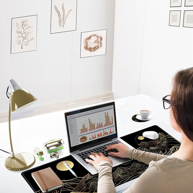 ARTSO Large Mouse Pad Keyboard Wrist Rest Combo, Ergonomic Mouse Pad with Wrist Support, Extended Non-Slip Desk Mat Protector, 4-in-1Set Desk Blotter for Office Home, Golden Sun Mountain