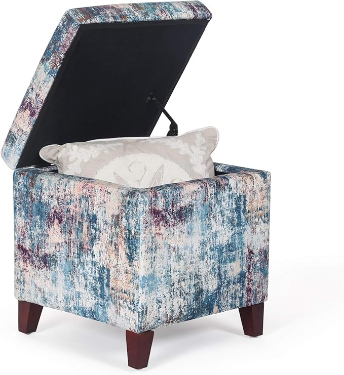Adeco 18 Inch High Cube Ottoman Storage, Linen Chair Foot Stools, Upholstered Vanity Stool with Hinged Lid, Solid Wood Legs