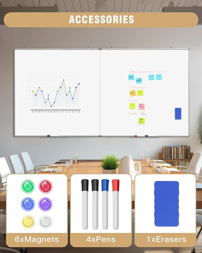 96"X 48" Large Magnetic Dry Erase Whiteboard, Removable Wall Hanging Board with 4 Pens & 1 Dry Erasers & 6 Magnets, Sliver Aluminum Frame White