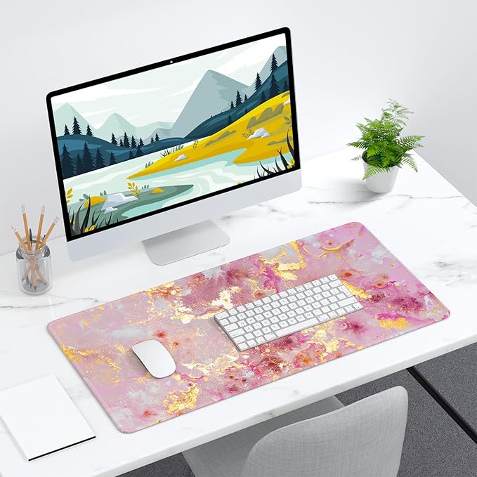 Desk Mat, 32" x 16" XXL Extended Large Gaming Mouse Pad, Desktop Decor Desk Pad, Cute Men Women Office Supplies and Accessories, XL Mouse Mat for Laptop & Keyboard, Pink Gold Marble