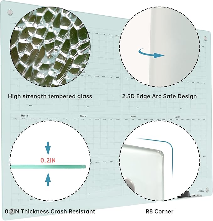 Magnetic Glass Dry Erase Board Calendar- White Board 48 x 36 Inch Wall Mounted Yearly Whiteboard, Large Frameless Glass White Board for Wall Office, Home & School