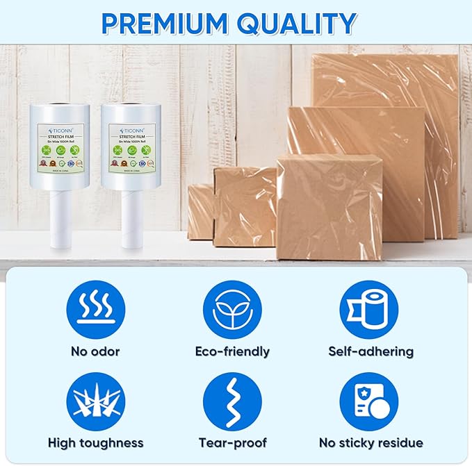 TICONN Stretch Wrap Stretch Film Roll, 1000ft Industrial Strength 5 inch Wide Clear Plastic Wrap with Handles for Pallet Wrapping Shipping Moving