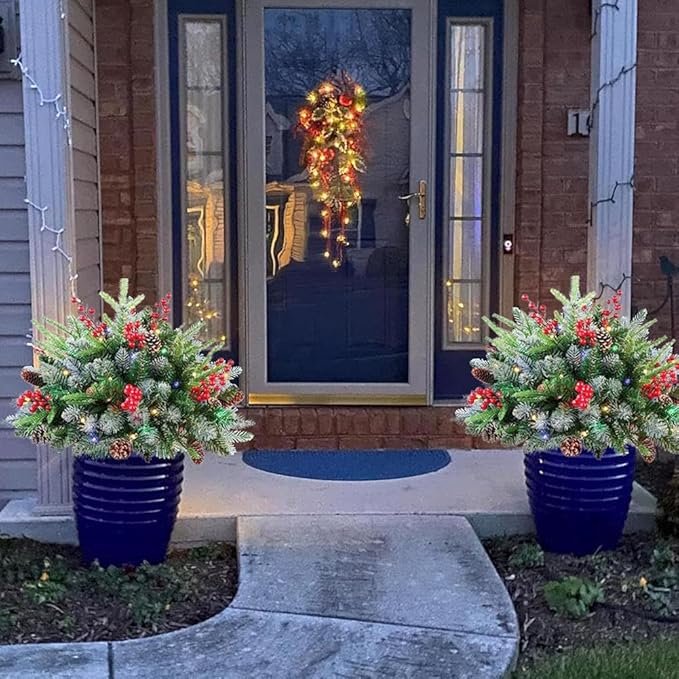 17.94" Prelit Planter Bushes Outdoor Christmas Tree with Lights, Pre-Lit Urn Filler Front Porch Decor with Pine Cones, Red Berries for Christmas Outdoor Holiday Home Decorations