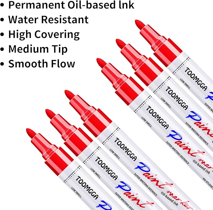 Paint Pens Paint Markers Red - 6 Pack Permanent Markers Oil Based for Metal Wood, Pens for Metal, Car Tyre,Plastic, Ceramic, Plastic, Canvas, Rock Painting, Glass, Craft Supplies