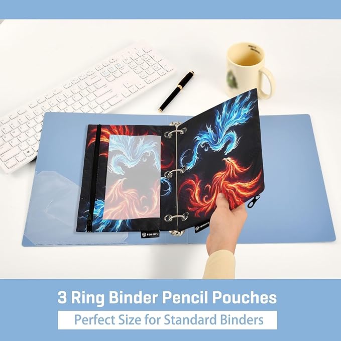 Dragon Phoenix Pencil Pouch for 3 Ring Binder, 2 Pack Waterproof Pencil Bags Clear Window Zipper School Office Supplies