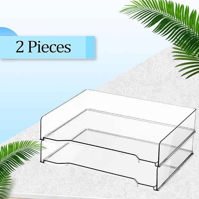 2 Pcs Stackable Letter Tray Rectangular Plastic Desk Organizer 13 x 9.5 x 2.6 in Paper Holder File Tray Accessories Rack for Desktop Office Desk Drawers (Clear)