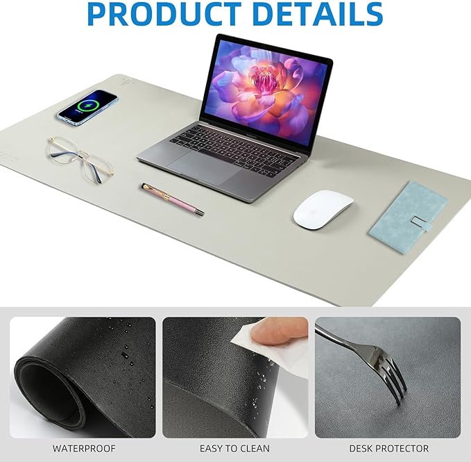 Wireless Charging Mouse Pad with for Desktop Charging Large Desk Mat 32"x16" Waterproof Gray Leather Computer Mat Mousepad Non-Slip Protector on Top of Desks for Keyboard and Mouse(Gray-R)