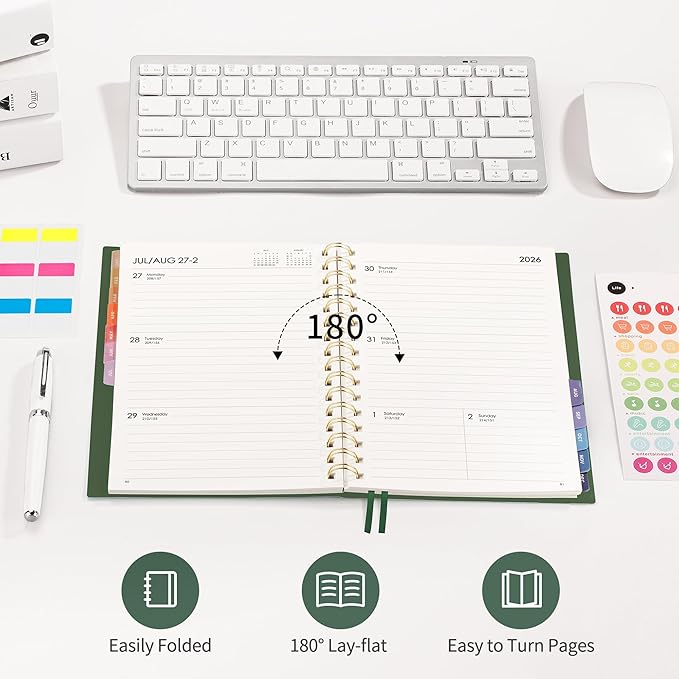 RETTACY 2026 Planner, Weekly and Monthly, Medium Size (5.7" x 8.3"), Jan - Dec 2026, Agenda, Calendar, 12 Month Tabs, Flexible Plastic Cover, 100 GSM Thick Paper, Spiral-bound (Dark Green)