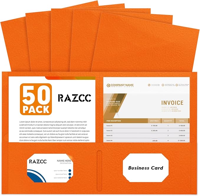 Two Pocket Folders, RAZCC 50 Pack 2 Pocket Folders Fit Letter Size Paper, Paper Folders with Pockets for School Office Business Home, Orange