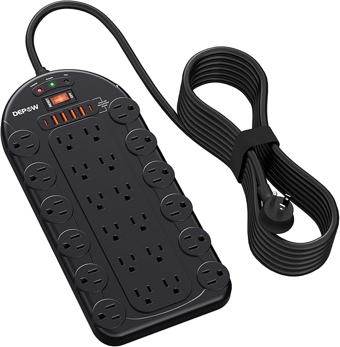 Power Strip, 24 AC Outlets (1875W/15A) with 6 USBs (2 USB-C Ports), Surge Protector (3,400 Joules), 10Ft Heavy Duty Flat Plug Extension Cord, Wall Mountable for Home, Office, Black, ETL Listed