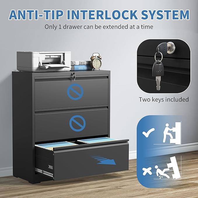 File Cabinets 3 Drawer,Metal Office Storage Filing Cabinet with Lock,Black Lateral Filing Cabinet for Home Office,Horizontal Locking File Cabinets for Legal/Letter/A4,Assembly Require,Black