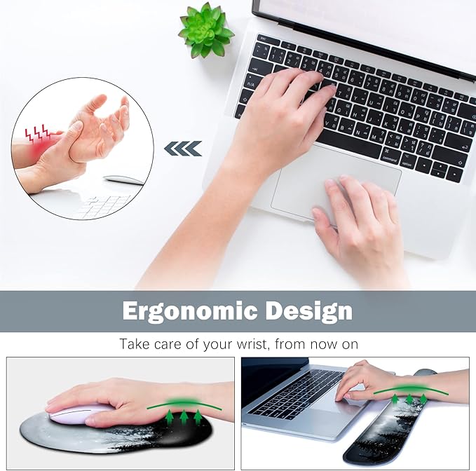 ARTSO Large Mouse Pad Ergonomic Keyboard Wrist Rest Support, Memory Foam Extended Desk Mat Protector, Non-Slip Desk Blotter for Office, Home, Night Moon Forest