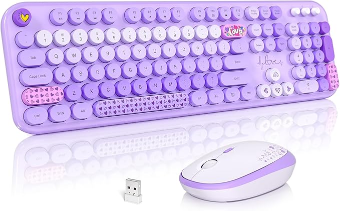 Wireless Keyboard and Mouse, Typewriter Full Size Keyboard with Number Pad and 2 in 1 USB Connected Mouse for Windows 7/8/10, Laptop, Desktop, PC, Computer (Purple Colorful)