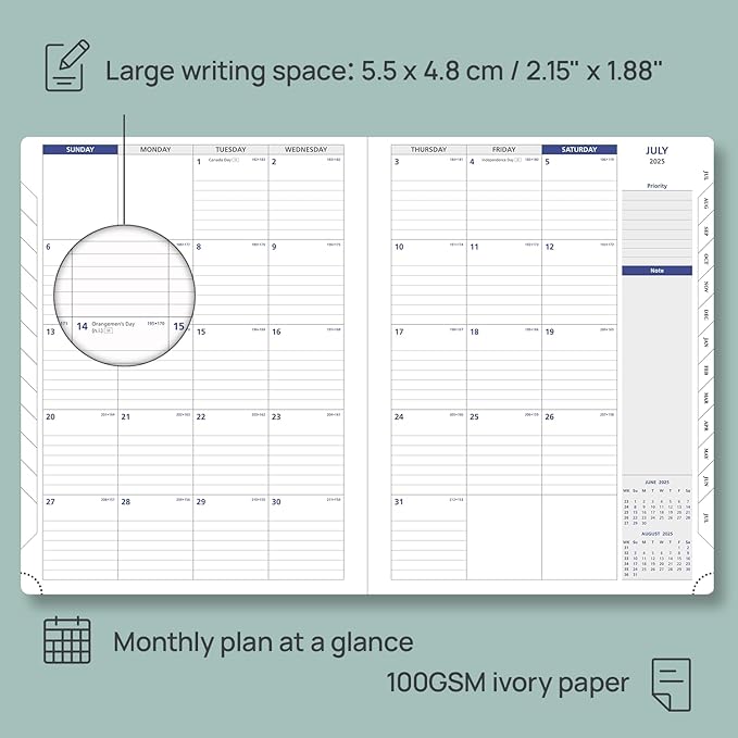 POPRUN Monthly Planner 2025-2026, 8.5'' x 11.25'', 13-Monthly Calendar (July 2025-July 2026) 15-Minute Hourly Appointment Book with Stair Tabs, Soft Cover, 100GSM Paper - Brown