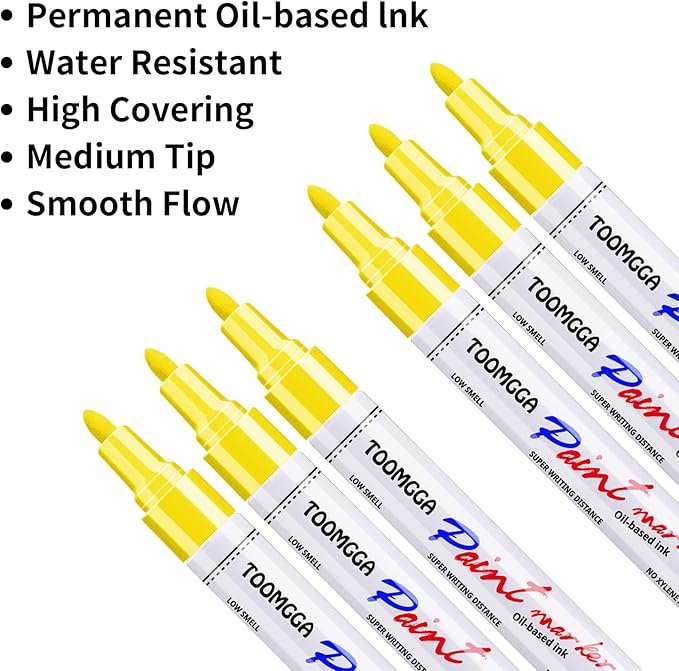 Yellow Permanent Paint Pens Paint Markers - 6 Pack Oil Based Markers, Quick Drying and Waterproof Marker Pen, Car Tire, Metal, Rock Painting, Wood, Ceramic, Plastic, Canvas, Mugs, Medium Tip