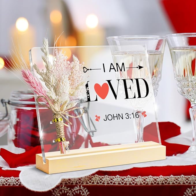 Valentines Day Gifts, John 3:16 Valentines Decorative Sign, Bouquet Acrylic Sign With Wooden Stand for Office Desk Table Shelf