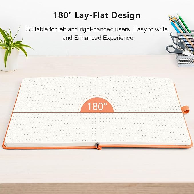 RETTACY Bullet Dotted Journal Notebook, 192 Pages, A5 Medium Size (5.7'' x 8.3''), Leather Hardcover, 100 GSM Thick Paper, for Bullet Journaling, Planning, Tracking (Orange)