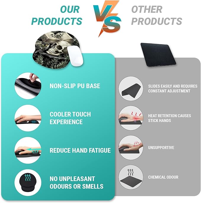 Goth Funny Skull Plant Mouse Pad with Wrist Rest, Gothic Book Leaves Ergonomic Mouse Pads, Computer Mousepad with Non-Slip Base, Cute Mouse Pad for Desk Accessories Office Decor Supplies